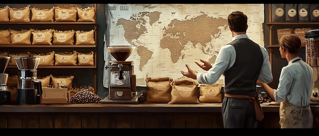 Photo barista explaining coffee origins with enthusiasm