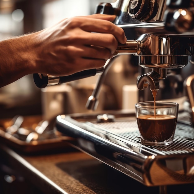 Barista hand and espresso pouring in a cup in a cafe shop Coffee maker machine closeup professional portafilter Generative AI