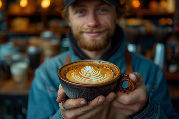 Photo barista holding beautifully crafted latte art in cozy coffee shop during late morning hours