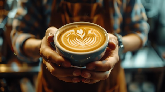 Barista holding a cup of coffee with latte art in hands