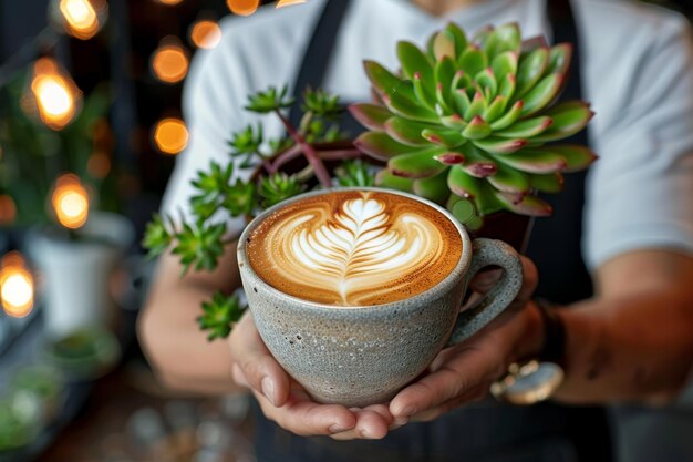 Barista Holding a Latte with Intricate Foam Art in a Cozy Cafe with Warm Lighting