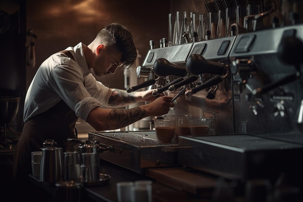 Barista makes coffee cup espresso in cozy coffee shop generative ai