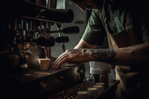 Barista makes coffee cup espresso in cozy coffee shop generative ai