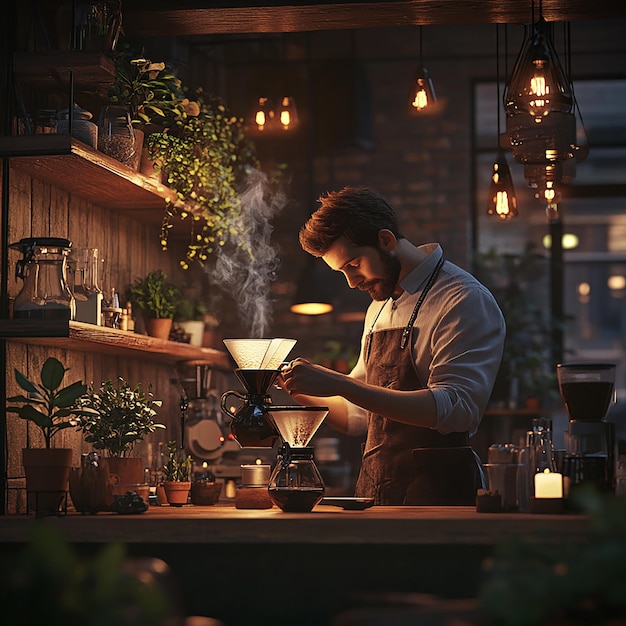 Barista Making PourOver Coffee in a Cozy Cafe