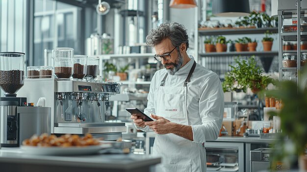 Photo a barista in a modern cafe checks his smartphone while preparing coffee