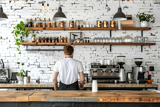 Barista in a Modern Cafe Preparing Coffee with Shelves of Supplies and Decor