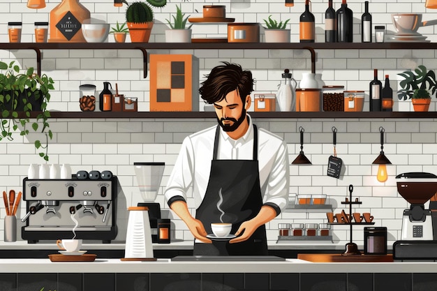 Barista in a Modern Cafe with Coffee Machines and Shelves of Supplies in a Warm Inviting Setting