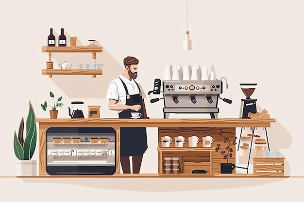 Barista in a Modern Cafe with Wooden Shelves and Green Plants