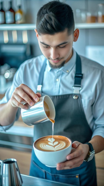 Barista pouring latte art into a cup of coffee at a bustling cafe