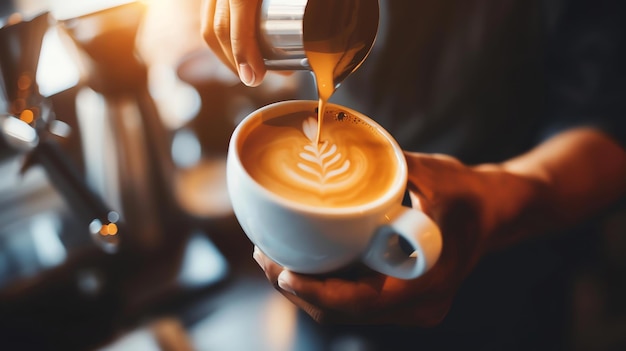 Barista pouring steamed milk into a cup of coffee creating a latte art design