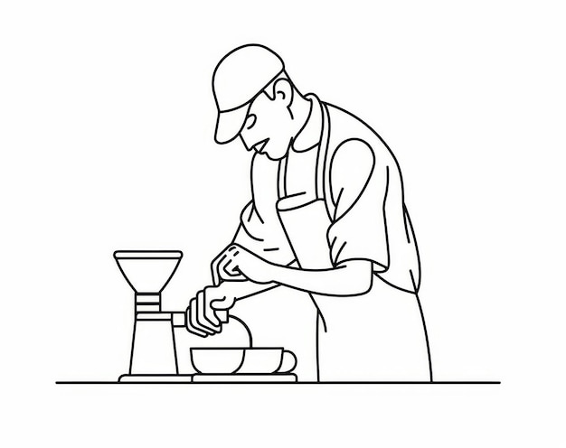 Photo the barista pours milk into coffee and prepares the drink the barista makes a latte art in a single outline modern illustration