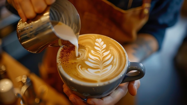 A barista pours steamed milk into a cup of coffee creating latte art