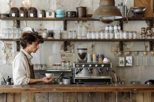 Barista Preparing Coffee in a Vintage Cafe with Rustic Decor and Cozy Atmosphere