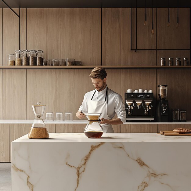 Barista Preparing Coffee with Chemex in Minimalist Cafe