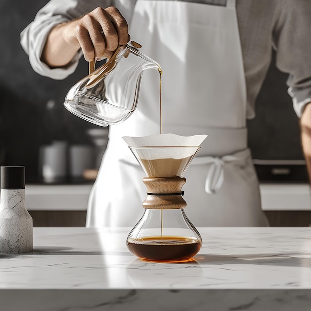 Photo barista preparing coffee with chemex in minimalist cafe