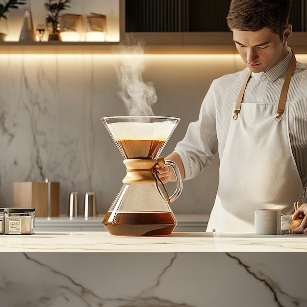 Barista Preparing Coffee with Chemex in Minimalist Cafe