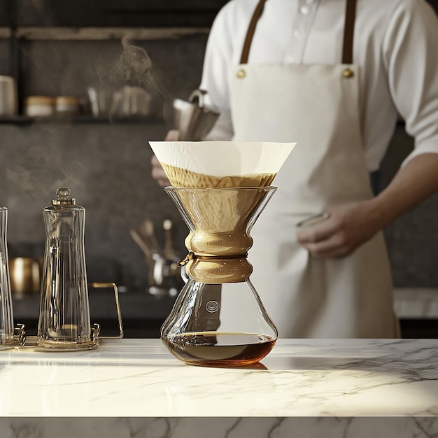 Barista Preparing Coffee with Chemex in Minimalist Cafe