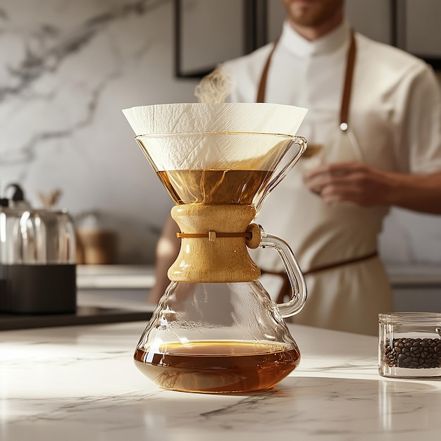 Photo barista preparing coffee with chemex in minimalist cafe