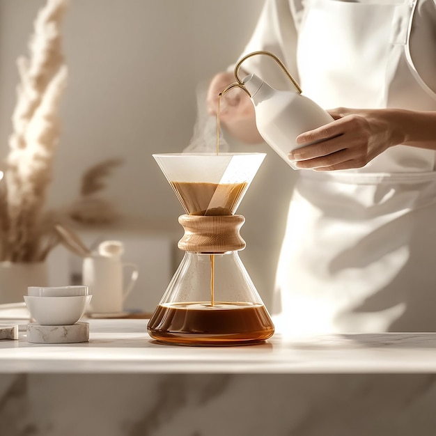 Photo barista preparing coffee with chemex in minimalist cafe