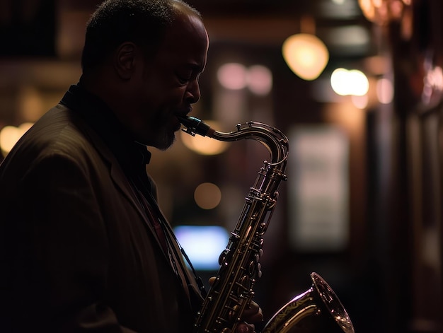 Photo baritone saxophone in dimly lit jazz club