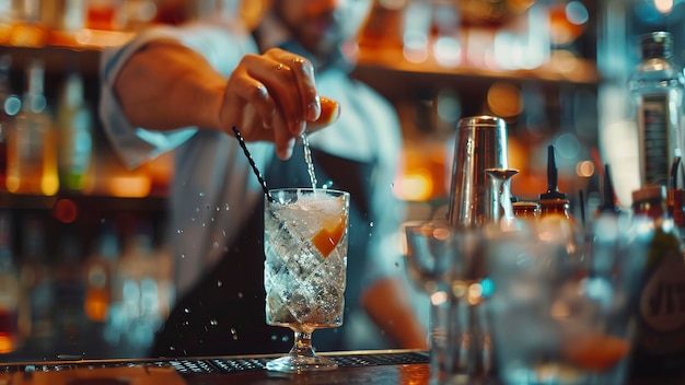 barman doing cocktail in the bar barman in the pub close up o a cocktail on the table