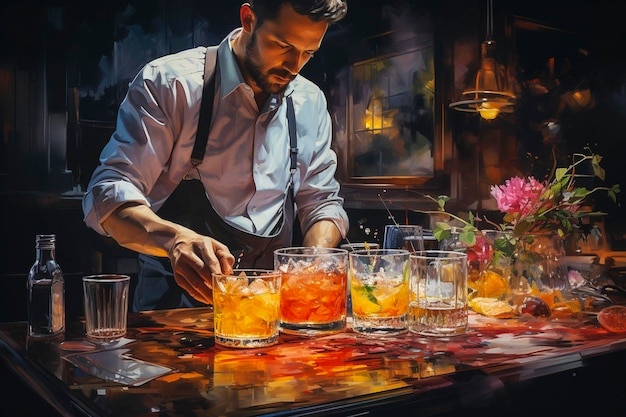 Barman is making a cocktail at the bar counter in a nightclub Watercolor drawing