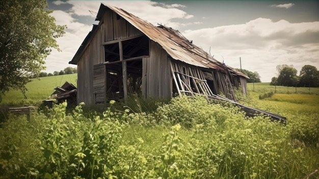 A barn in a field of weeds