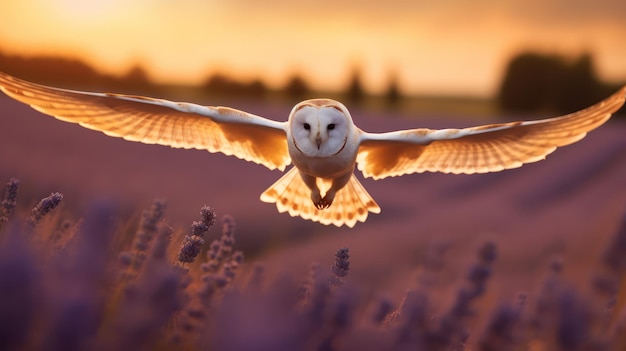 Barn owl flying over lavender field