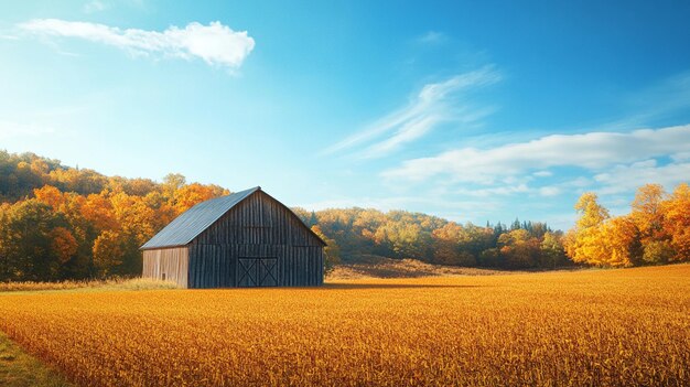 Photo a barn sits in a field of golden wheat