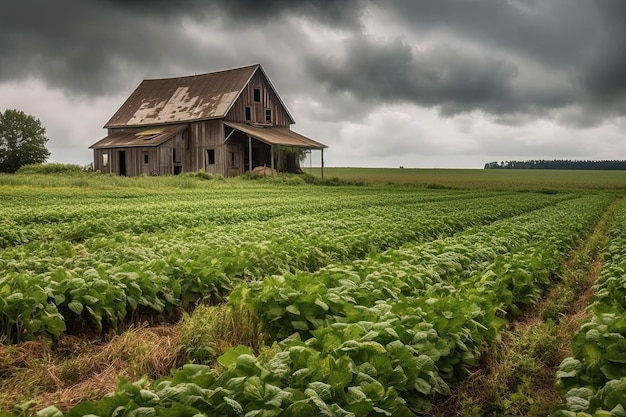 A barn sits in a field of green beans.