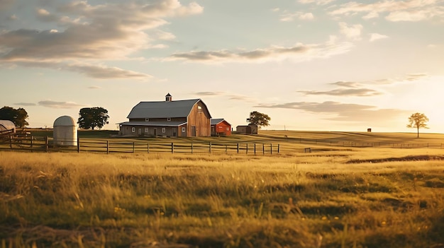 A barn sits in a field at sunset