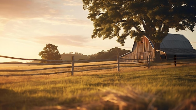 A barn sits in a field with a fence in the background