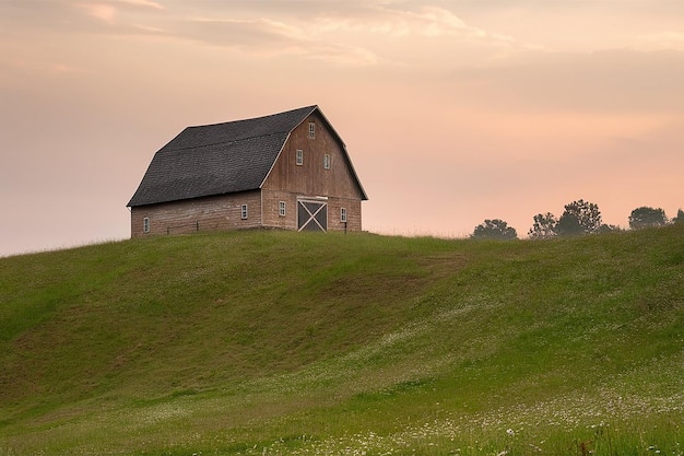 a barn sits on a hill with a sky background