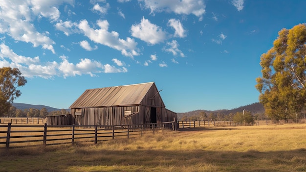 a barn with a fence and a blue sky in the field