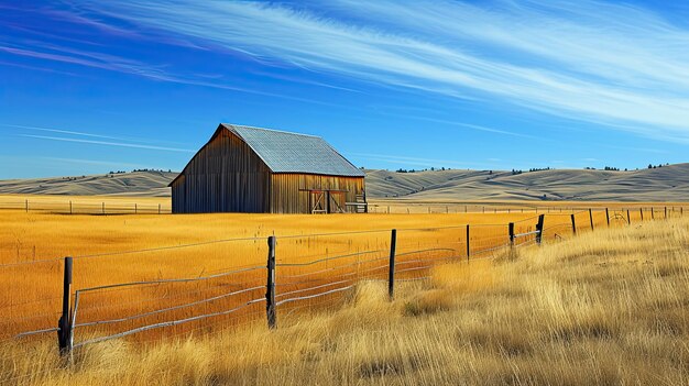 a barn with a fence and a blue sky in the field