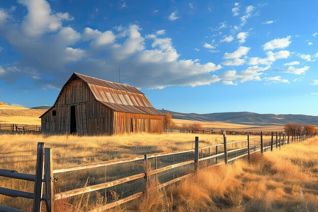 a barn with a fence and a blue sky in the field