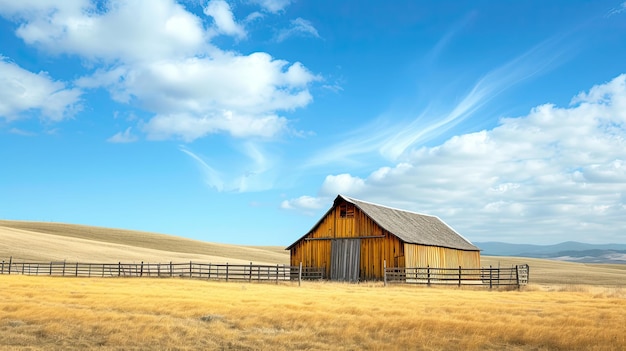 a barn with a fence and a blue sky in the field