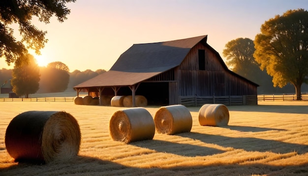 a barn with hay bales in front of it and a barn with a barn in the background