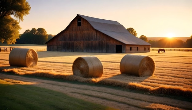 a barn with hay in the foreground and a barn in the background