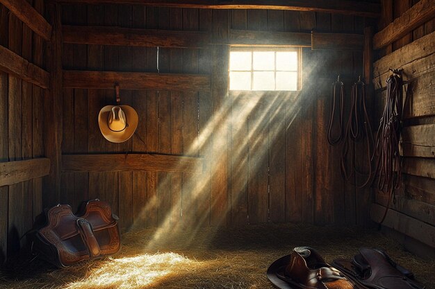 Photo a barn with a light shining through the window