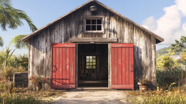 Photo a barn with a red door and a window that says  the number 3