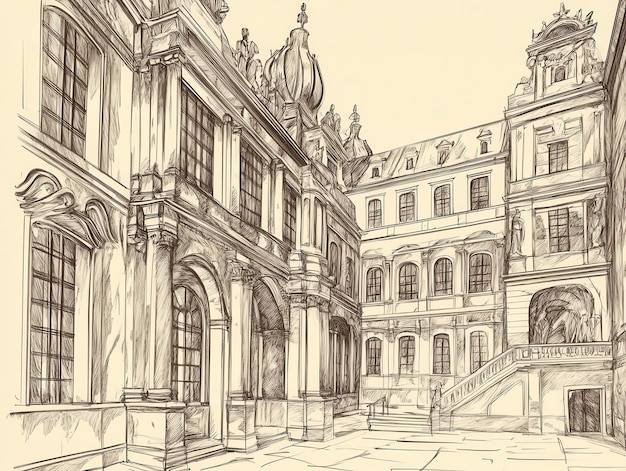 Photo baroque architectural sketch in old engraving style with fine lines