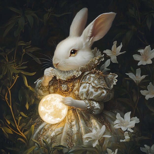 Photo baroque art a small white rabbit wearing a prince