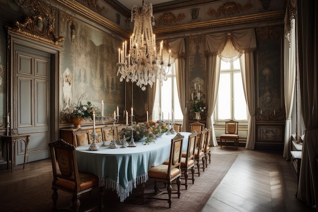 Baroque dining room with gilded chandelier and silk drapes