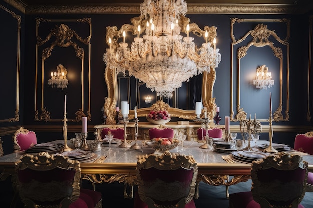 Baroque dining room with ornate chandelier and goldgilded accents