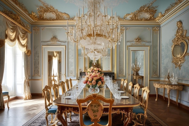 Baroque dining room with ornate chandelier and goldgilded accents