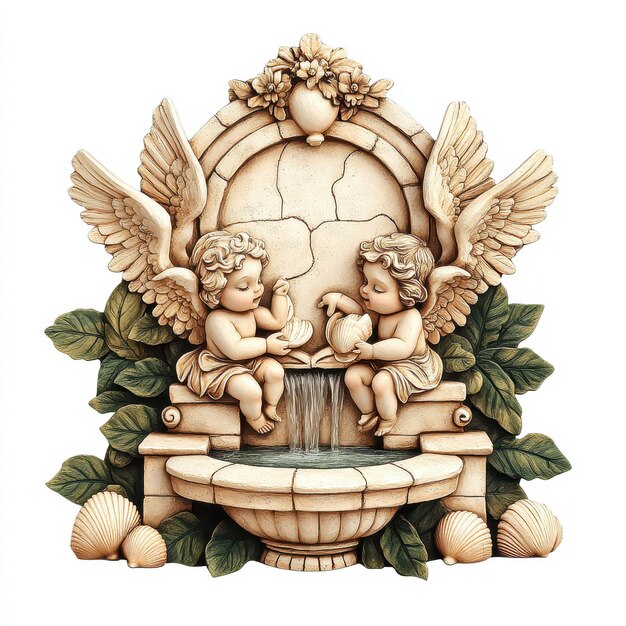 Baroque fountain with cherubs and shells surrounded by lush greenery in a tranquil setting