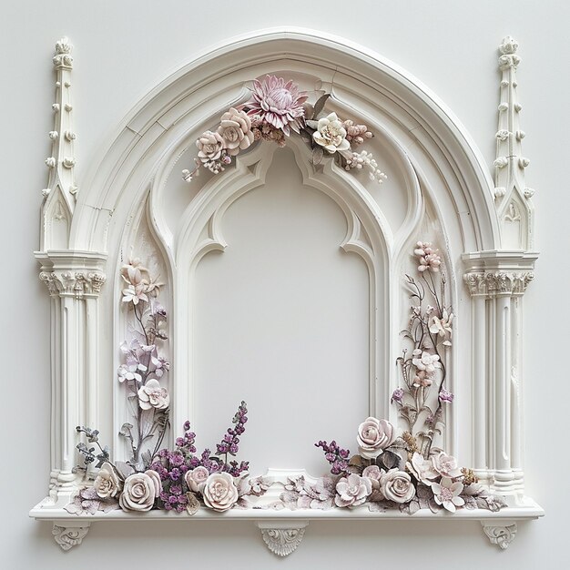 Photo baroque ivorywhite arched plaster window frame with a pointed top and gorgeous relief decoration