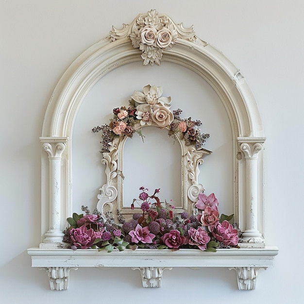 Photo baroque ivorywhite arched plaster window frame with a pointed top and gorgeous relief decoration