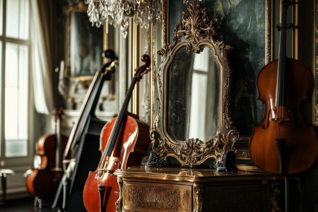 Photo baroque mirror with violins in grand room